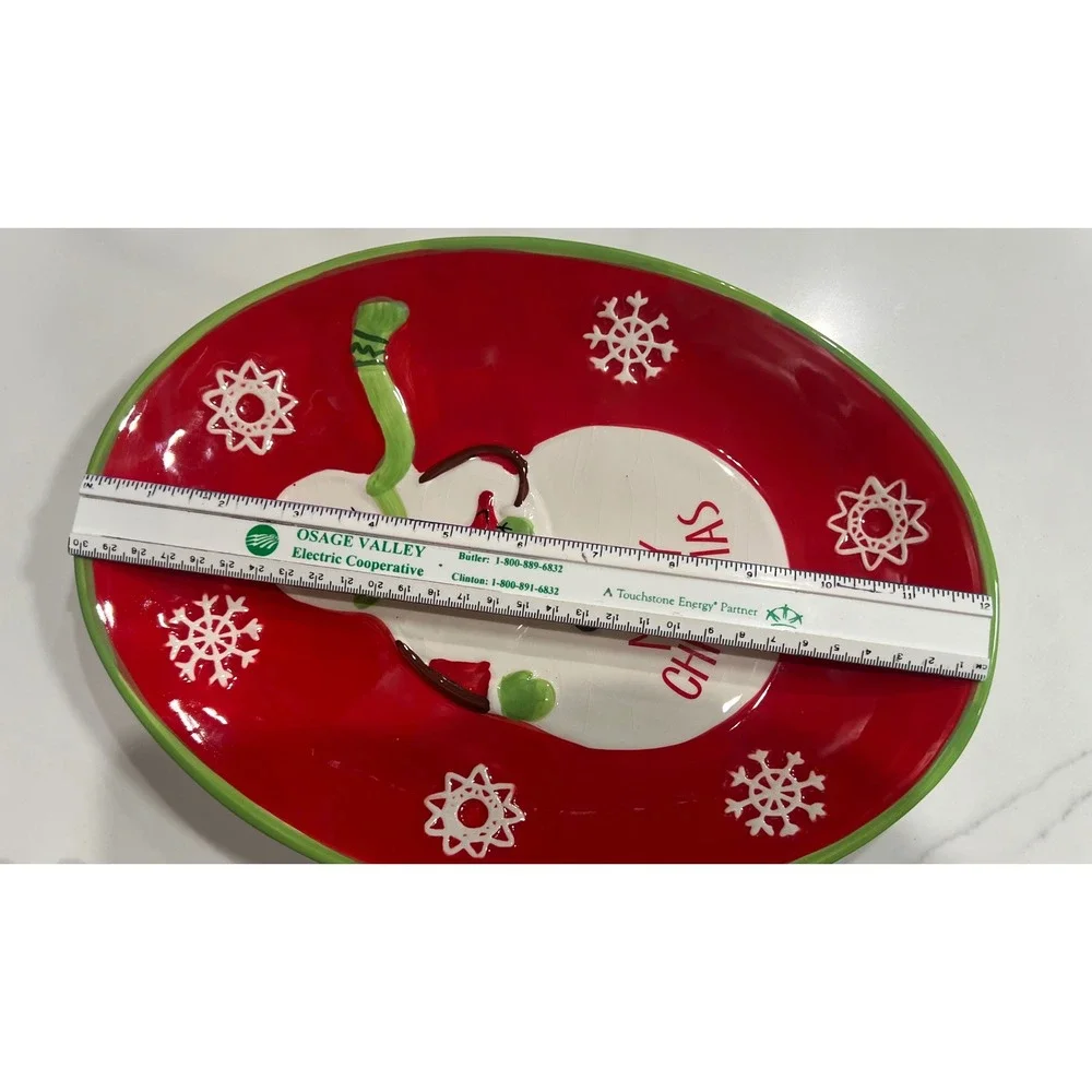 DEI Christmas Snowman Ceramic Serving Platter with Metal Display Stand Red 12in